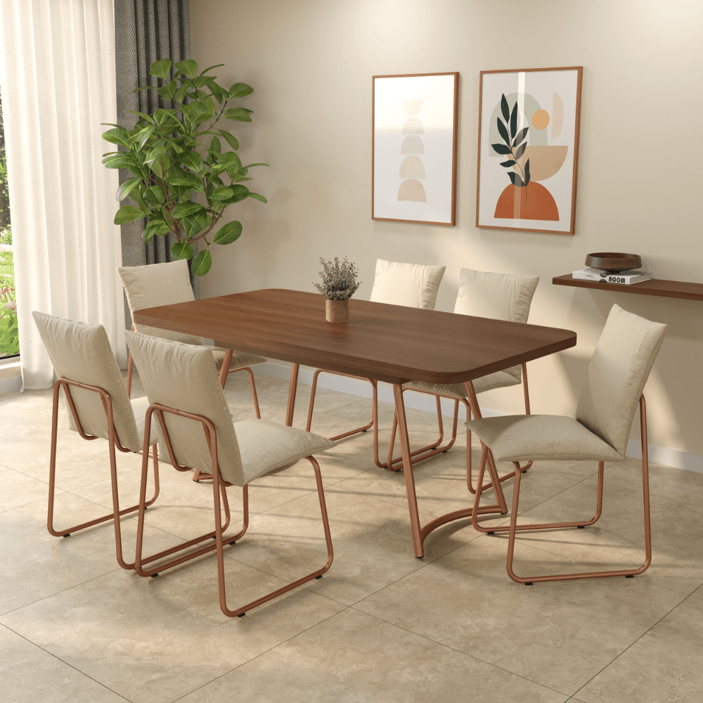 Conjunto Sala de Jantar 6 Cadeiras Amara Carraro Nogal Rosê