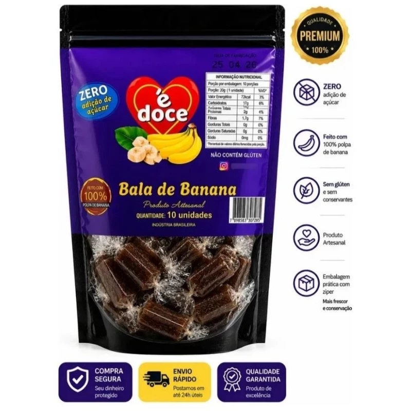Bala de Banana Artesanal Zero Açúcar - Pacote com 10 Unidades - Sem Glúten - 100% Natural