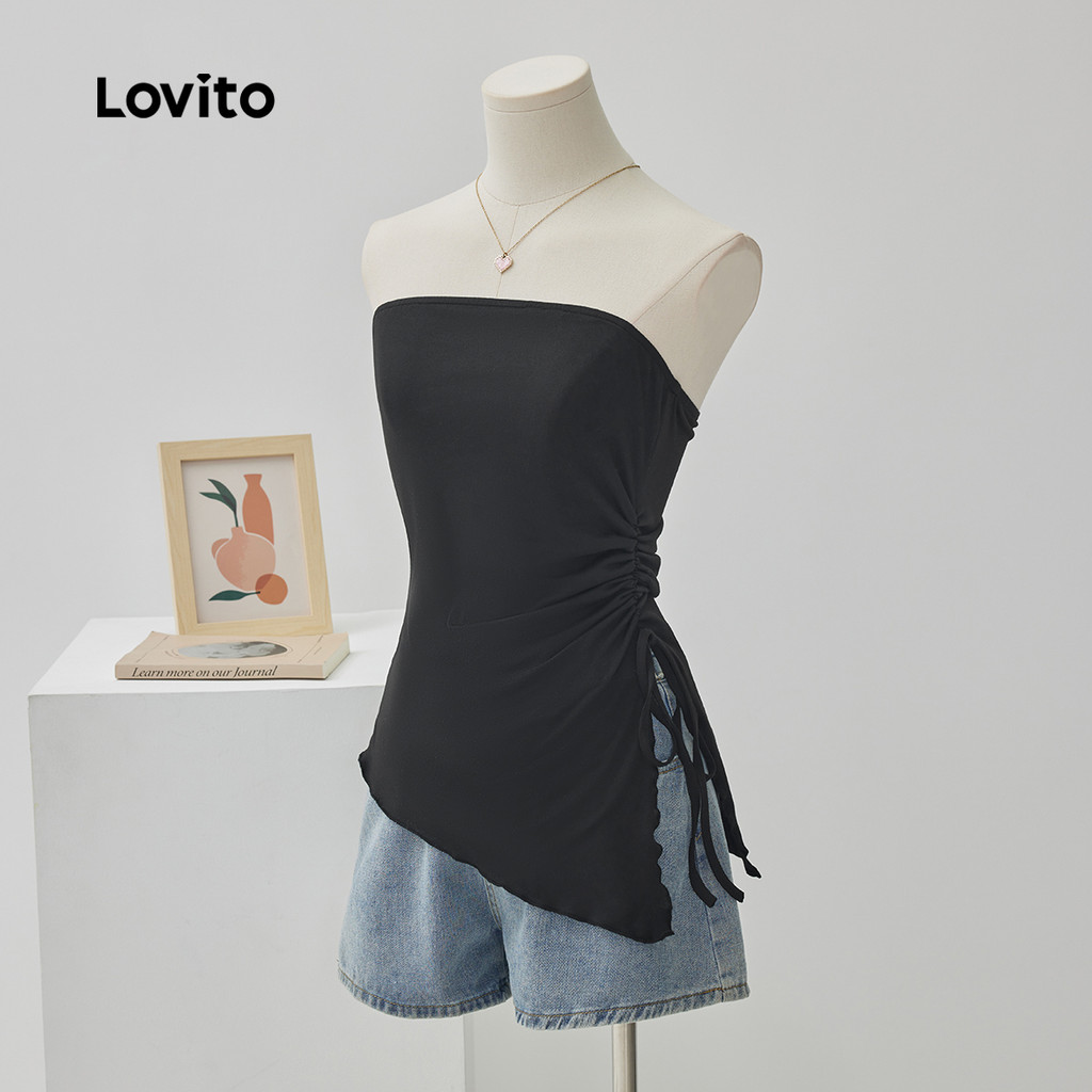 Lovito Casual Regata Lisa Assimétrica Com Cordão Para Mulheres L68ED053 (Preto)