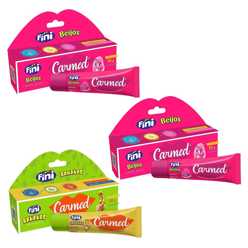 Kit 3 Unidades Hidratante Labial Carmed Fini 2 Beijos e 1 Bananas Efeito Gloss 10g