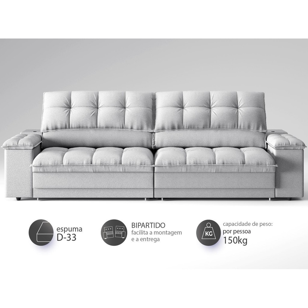 Foto 2 de Sofá com Porta Copos e Carregador USB Ret Rec Luke 2,90m Linho Soft Prata - NETSOFAS