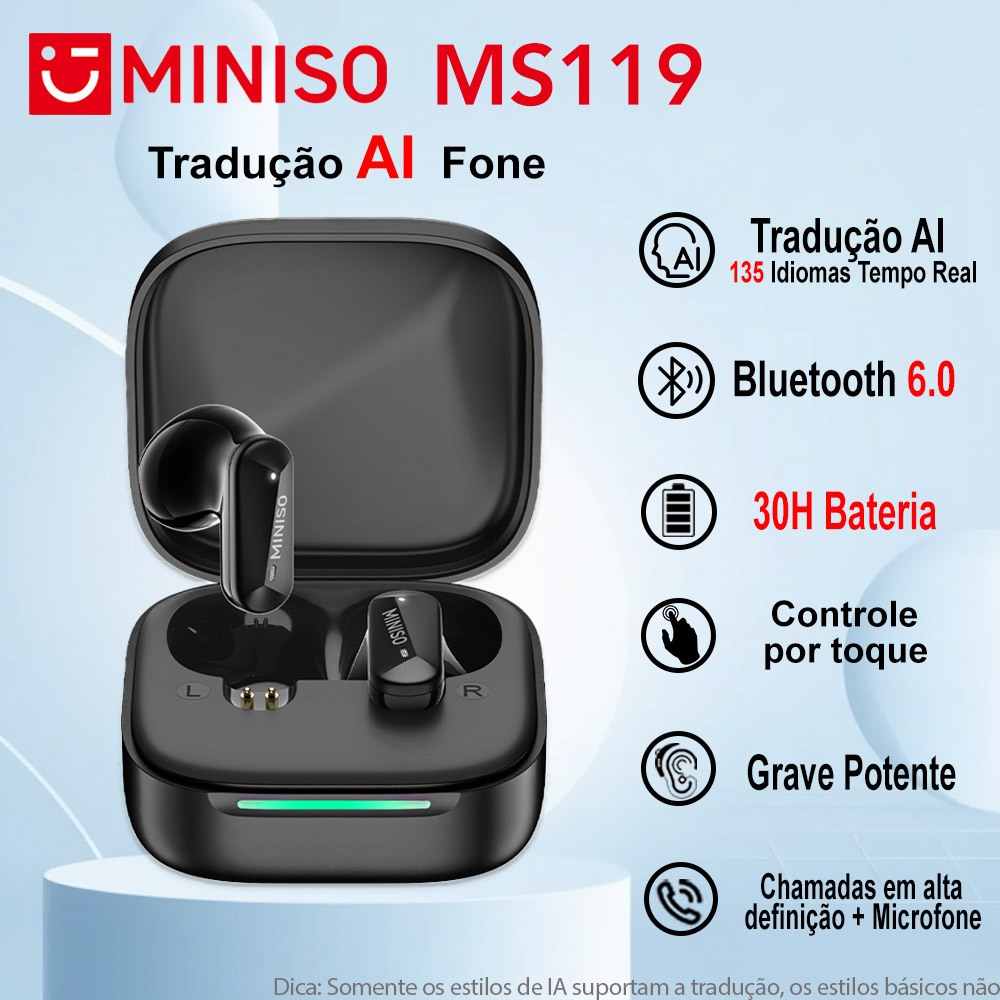 MINISO MS119 AI Tradução Fones 135 Idiomas Tradução Face A Face TWS Bluetooth 6.0 Fone Super Bass 30H Bateria Microfone