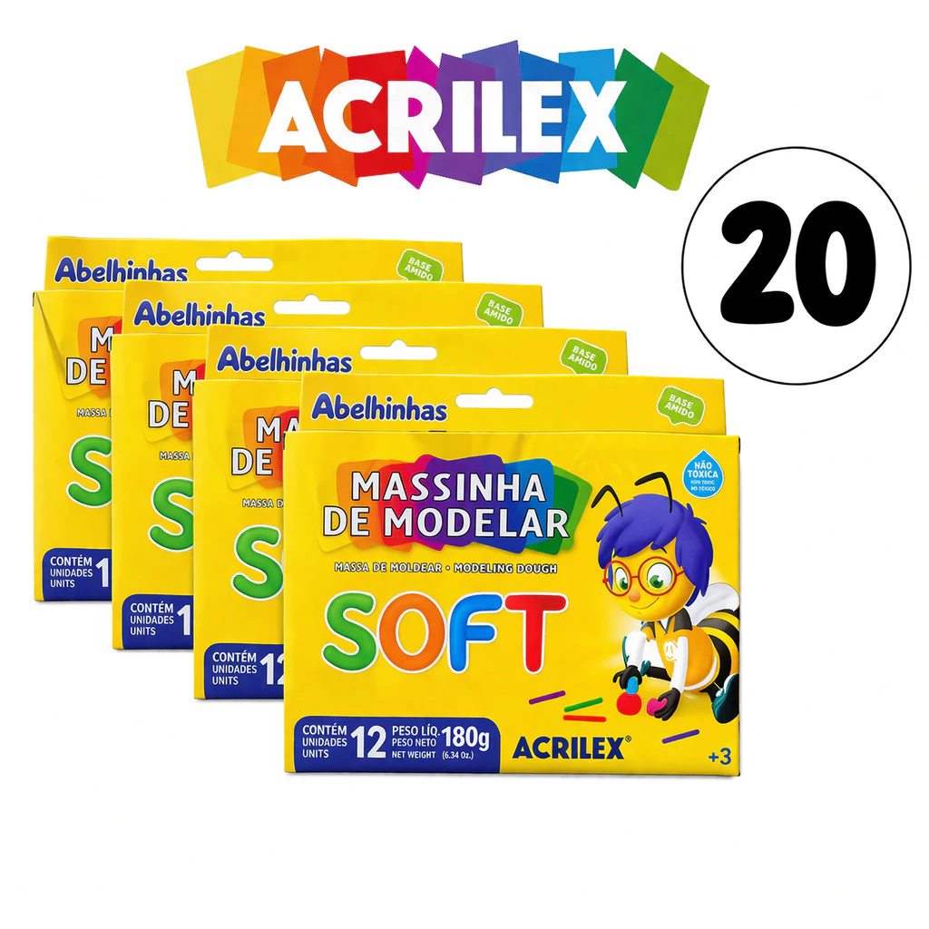 Kit 20 Caixas Massinha De Modelar Acrilex Soft 12 Cores