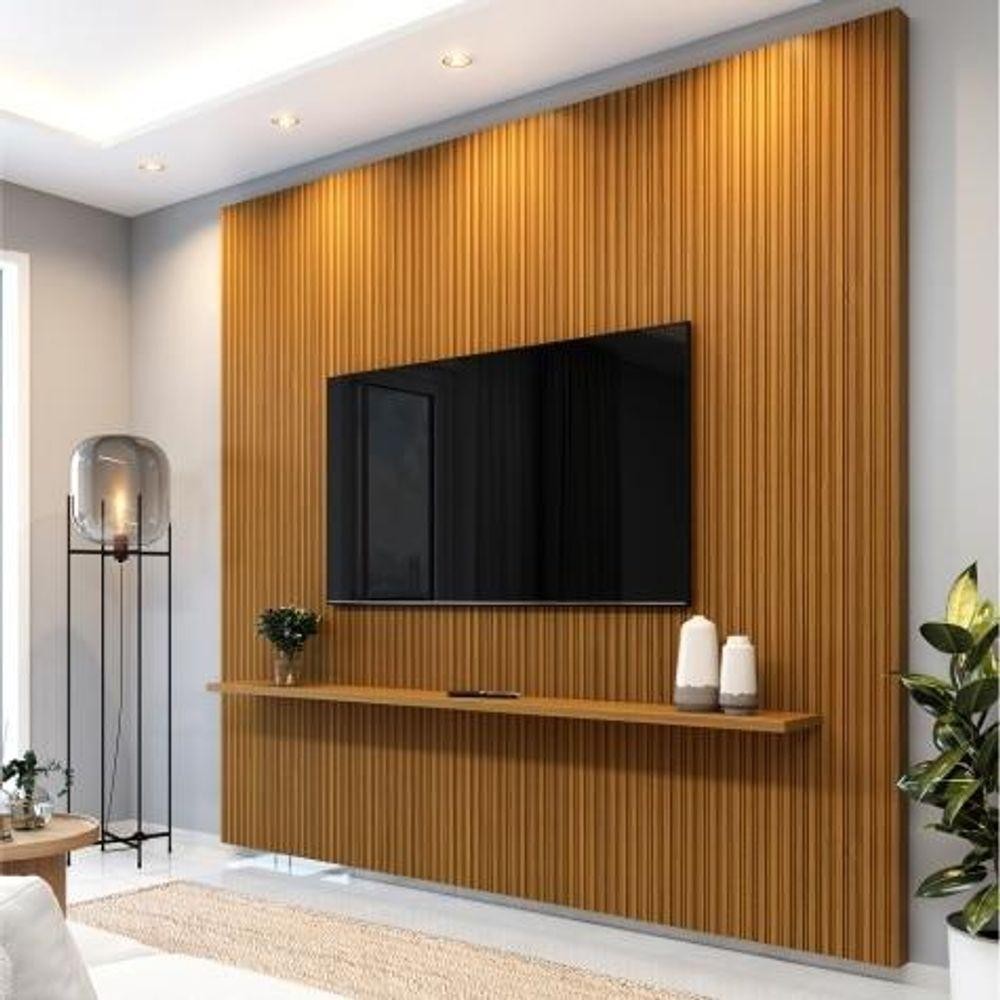 Painel Para Tv Até 75 Polegadas Ripado Impressão 3D Egeo Com Prateleira 2,25M Cedro Edn Cedro