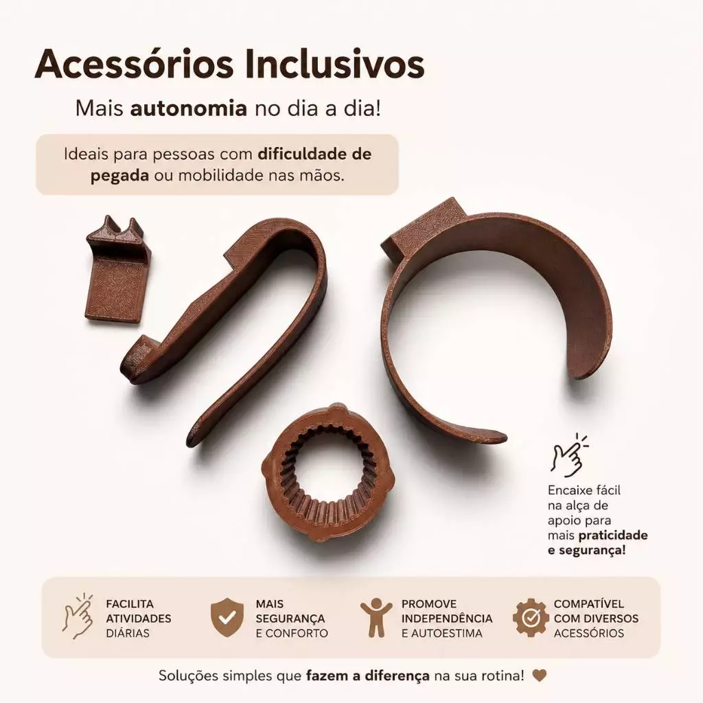 Kit Adaptador para Alça de Apoio na Mão – Acessórios para Talher, Caneta, Copo e Abridor