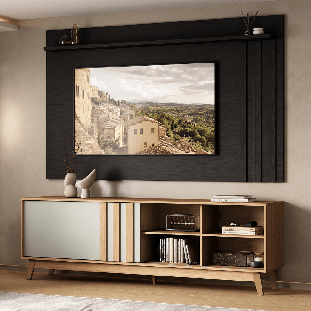 Conjunto Rack Cedro Sálvia e Painel Parede Preto Touch Ventura Carraro