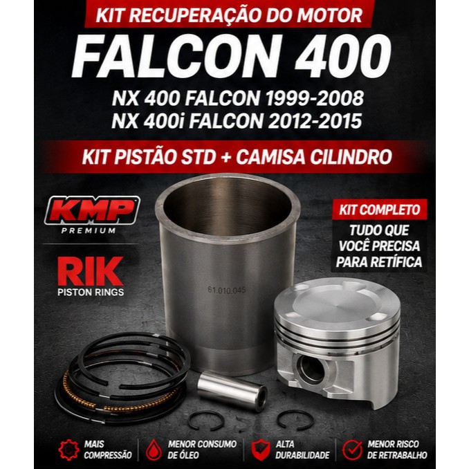 Kit Pistão com anel Std + Camisa Cilindro Falcon 400 NX 400 99-15 KMP RIK