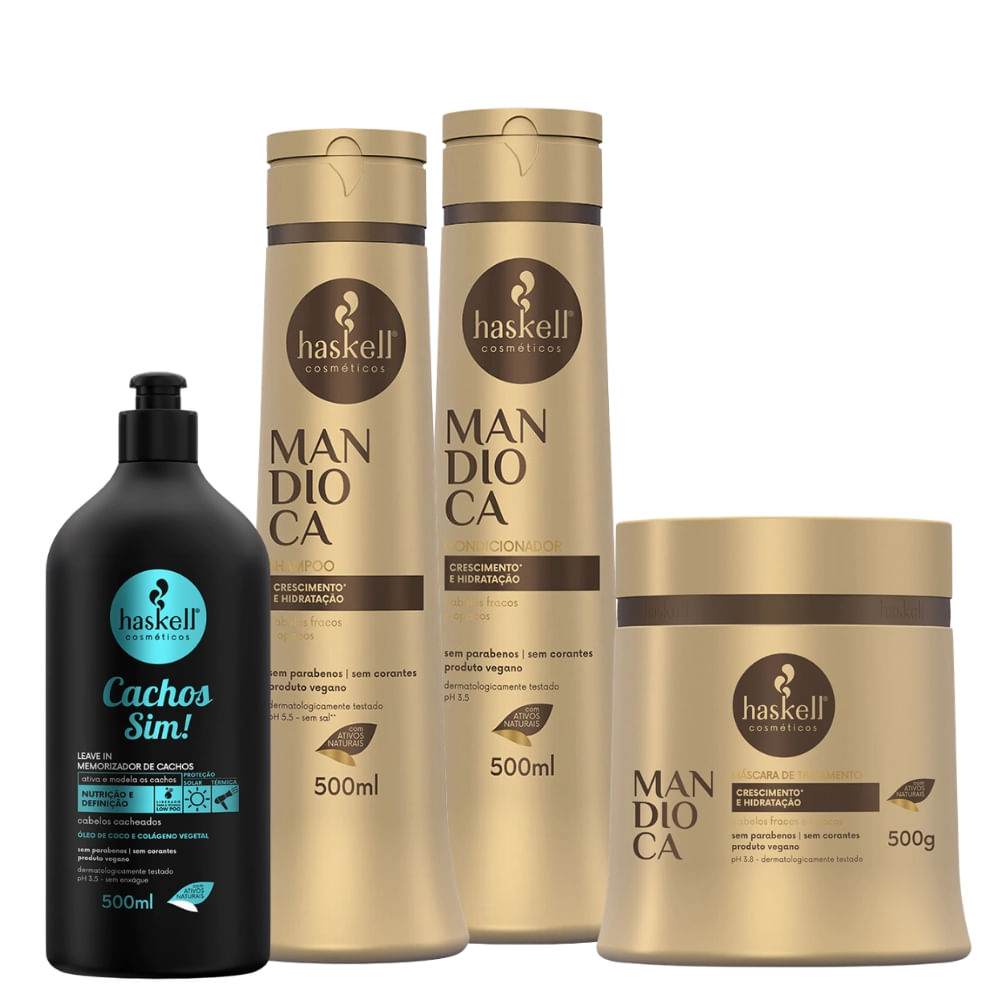 Kit Haskell Sh. Cond e Máscara Mandioca + Leave In Memorizador de Cachos Sim! 500ml/g