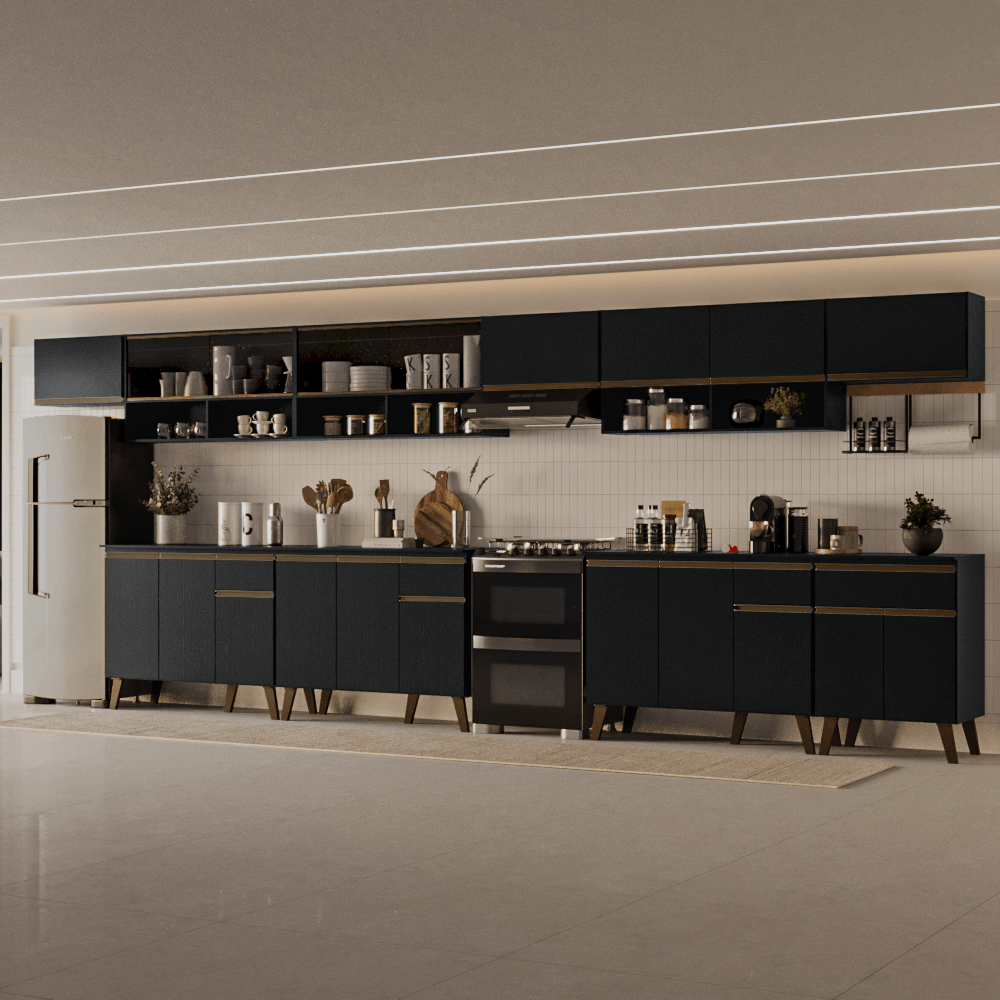 Armário de Cozinha Completa Atlanta Block com Vidro Carraro Preto Touch