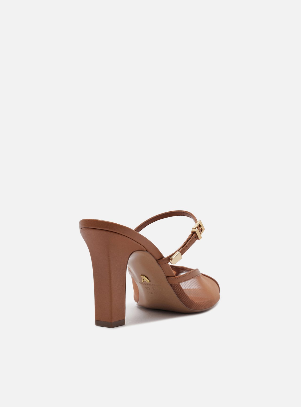 Foto 3 de Mule Marrom Tela Salto Bloco Alto Peep Toe