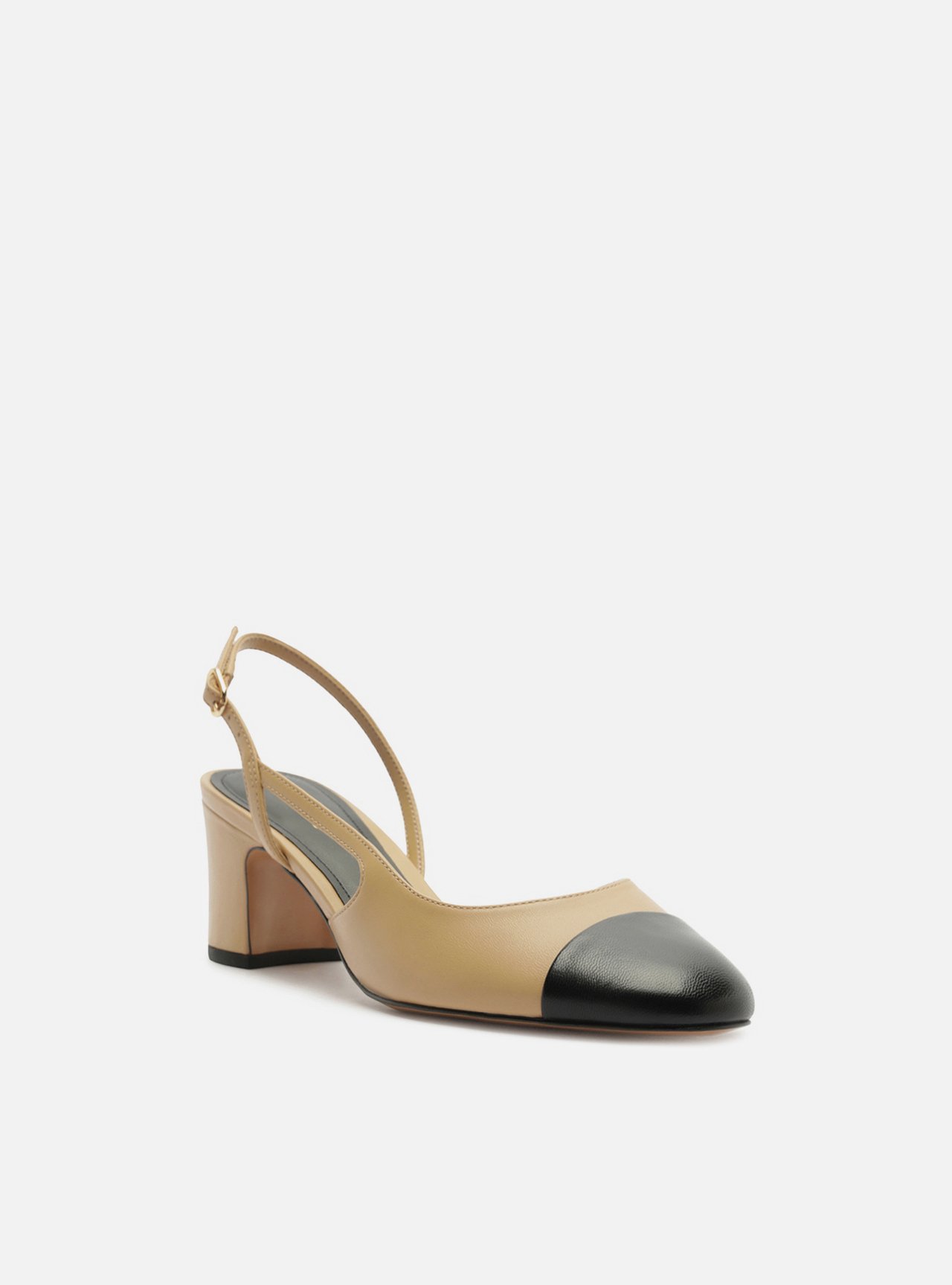 Foto 2 de Scarpin Marrom Bicolor Couro Salto Médio Bloco Slingback