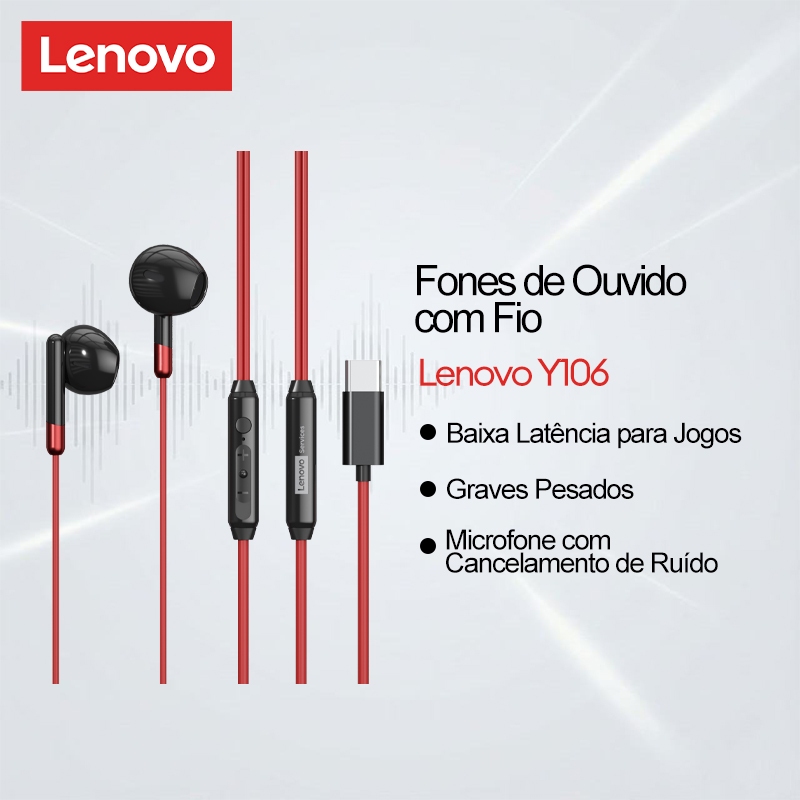 Fones De Ouvido Com Fio Lenovo Y106 E Y106PRO Microfone Cancelamento De Ruído Áudio Zero Lag Mais Graves Pesados Para Jo