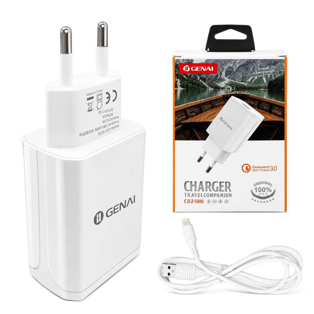 Carregador Parede Quick Charge 3.0 GENAI Plug Europeu Bivolt com Cabo Lightning Incluso para iPhone