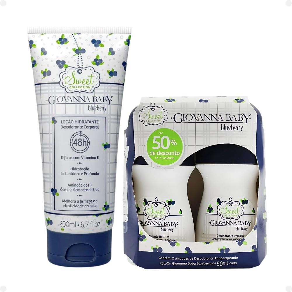 Kit Giovanna Baby Blueberry: 2 Desodorantes Roll-on e 1 Loção Hidratante