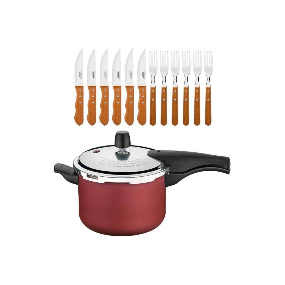 Kit Panela de Pressão Vancouver Alumínio Antiaderente 4,5L Vermelha com Jogo Churrasco Tramontina