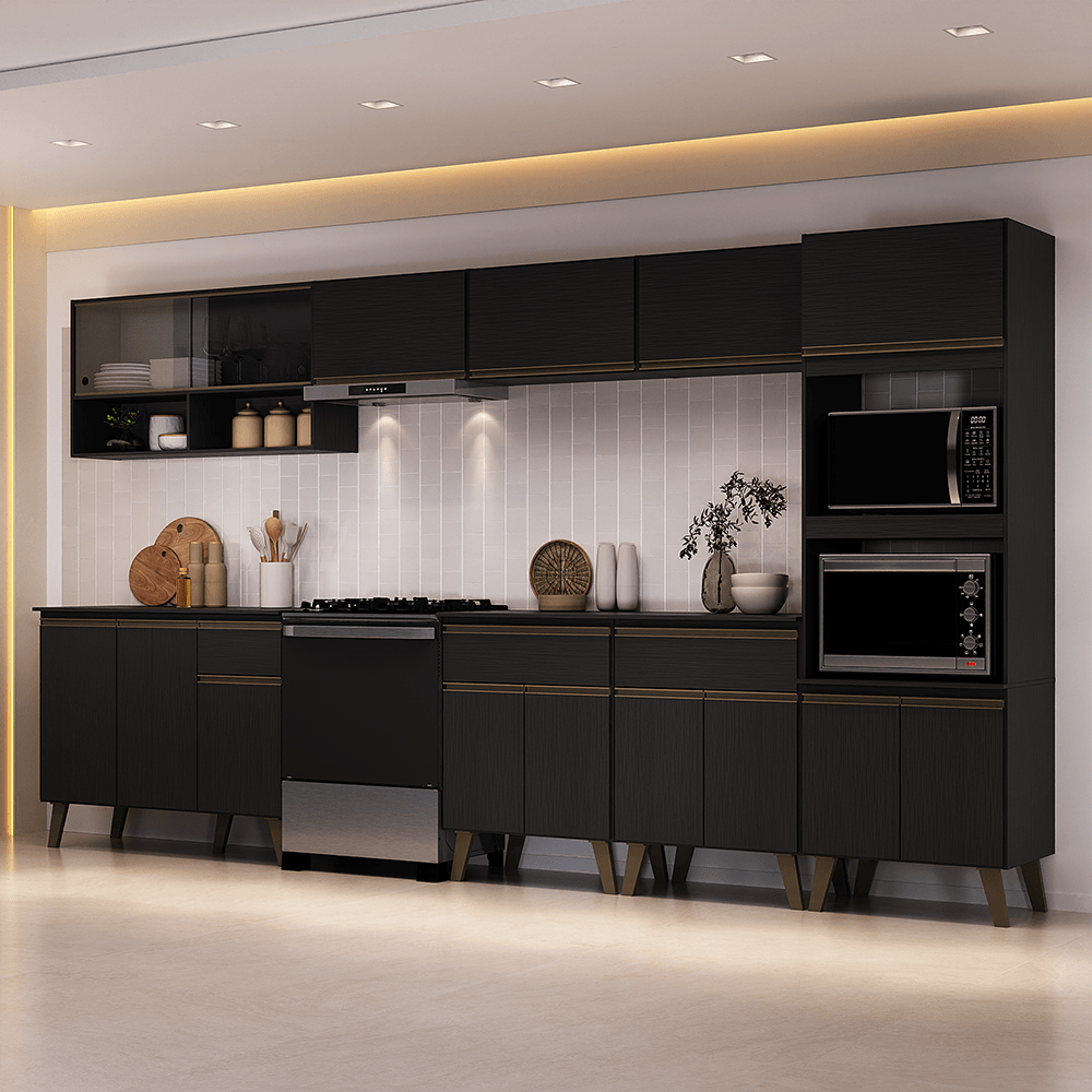 Armário de Cozinha Completa Atlanta Place com Vidro Carraro Preto Touch