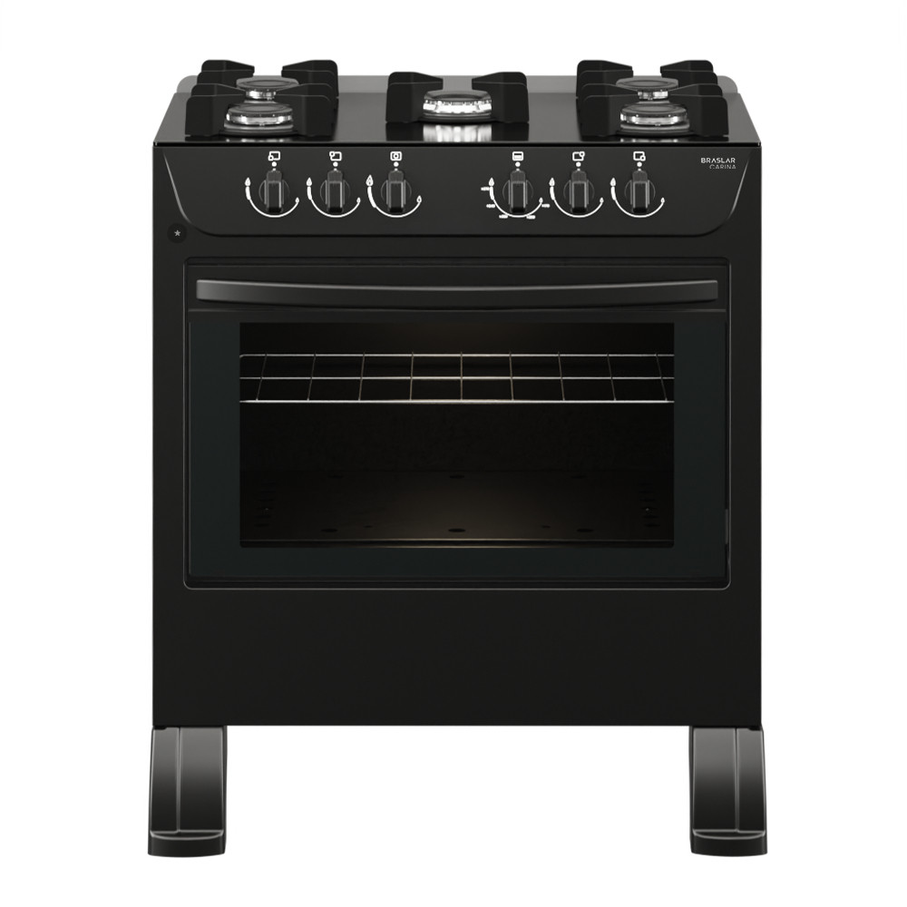 Fogão 5 Bocas Braslar Carina Automático Mesa de Vidro Forno Easy Clean Preto
