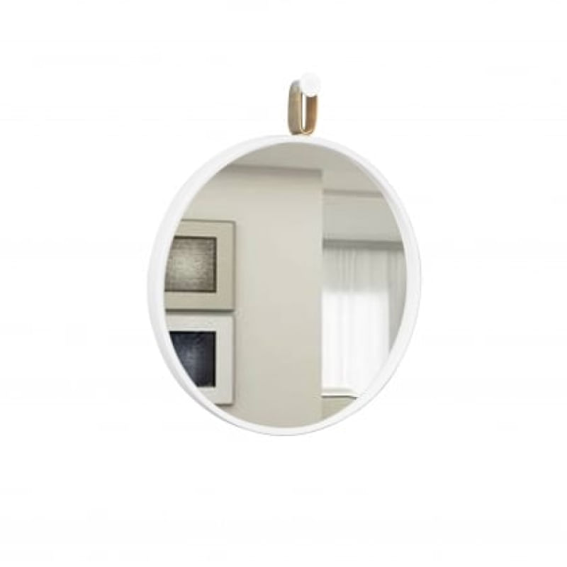 Espelho Decorativo Short Strip Branco Alça Corino 40cm Redondo Alça Corino Rajada
