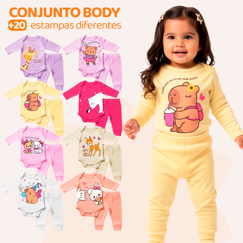 Kit 8 Peças de Roupas para Bebê Menina (4 Body Longo + 4 Calça Mijão) Kit 4 Conjunto Body + Calça Roupa Infantil Bebê