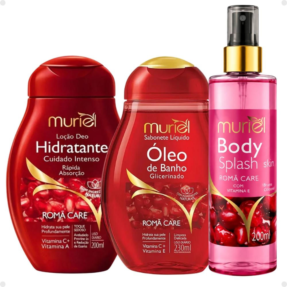 Kit Muriel Romã Care: Óleo de Banho 230ml, Loção Deo Hidratante e Body Splash 200ml