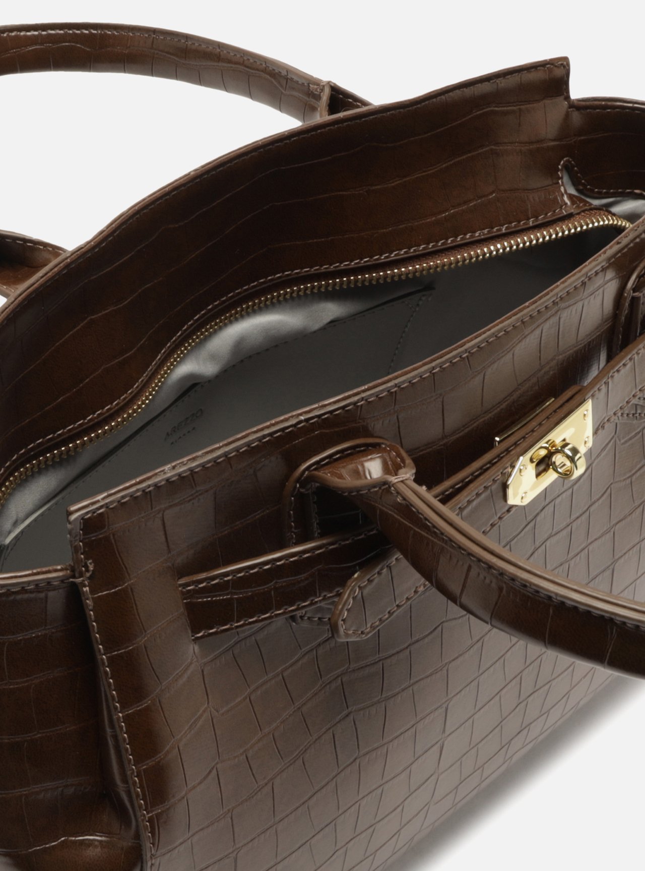 Foto 4 de Bolsa Tote Marrom Média Croco Metais Dourados