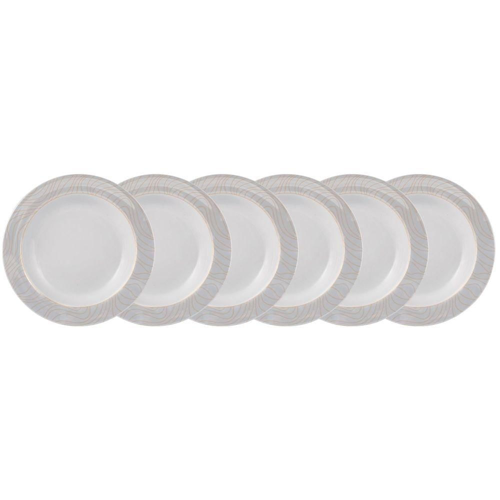 Conjunto de Pratos Fundos Golden Oak 6 Peças Porcelana Linhas para Mesa Posta Branco e Dourado