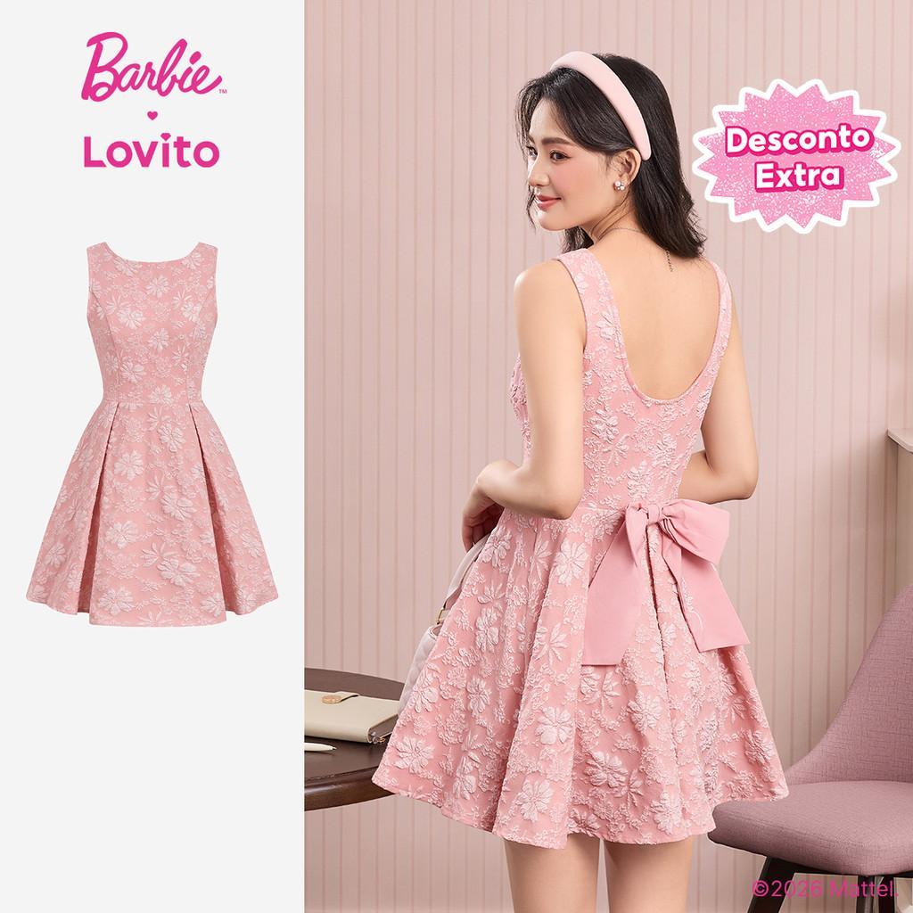 (New Arrival) Barbie™ X Lovito Vestido Elegante Jacquard Com Bordado Plissado Primavera/verão Rosa Para Mulheres DRBL6PAD016