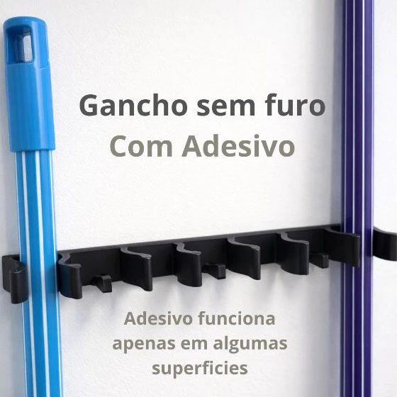 Suporte Gancho Adesivado para Vassoura/ Rodo/ Pá de Parede Resistente e Prático Acompanha Bucha e Parafuso Também