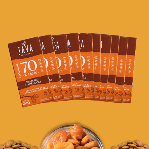 Chocolate 70% Cacau com DAMASCO e Amêndoas -PACK 10 tabletes de 20g