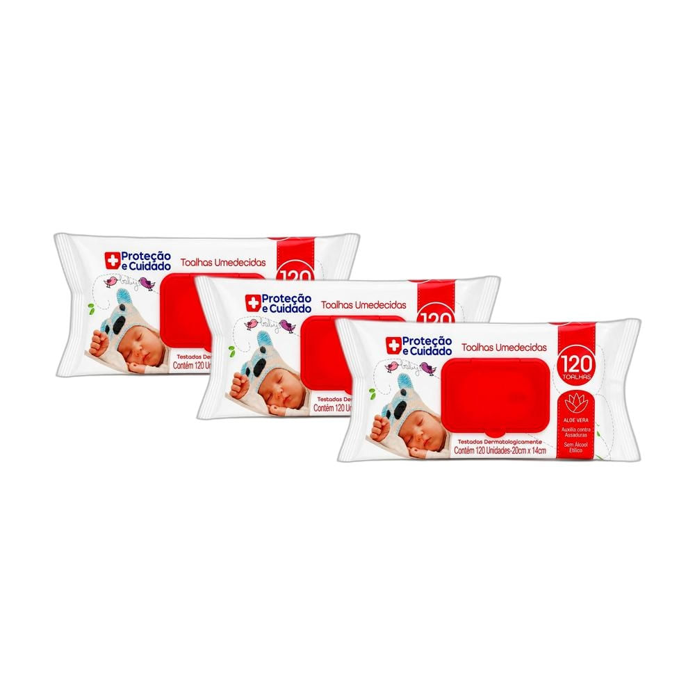 Kit 3 Toalhas Umedecidas Proteção e Cuidado Aloe Vera 120 unidades