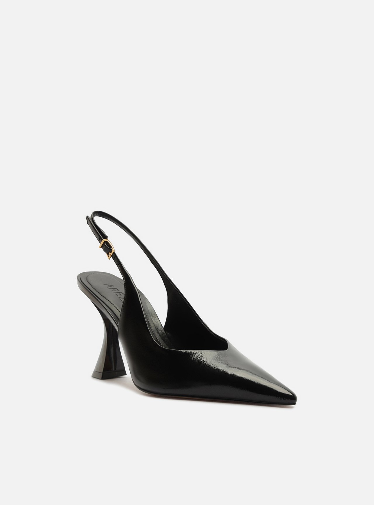 Foto 2 de Scarpin Preto Couro Salto Geométrico Fivela Slingback