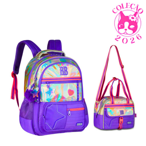 Kit Mochila de Costas e Lancheira Rebecca Bonbon Holo Shine - Clio Style Cor:Roxo