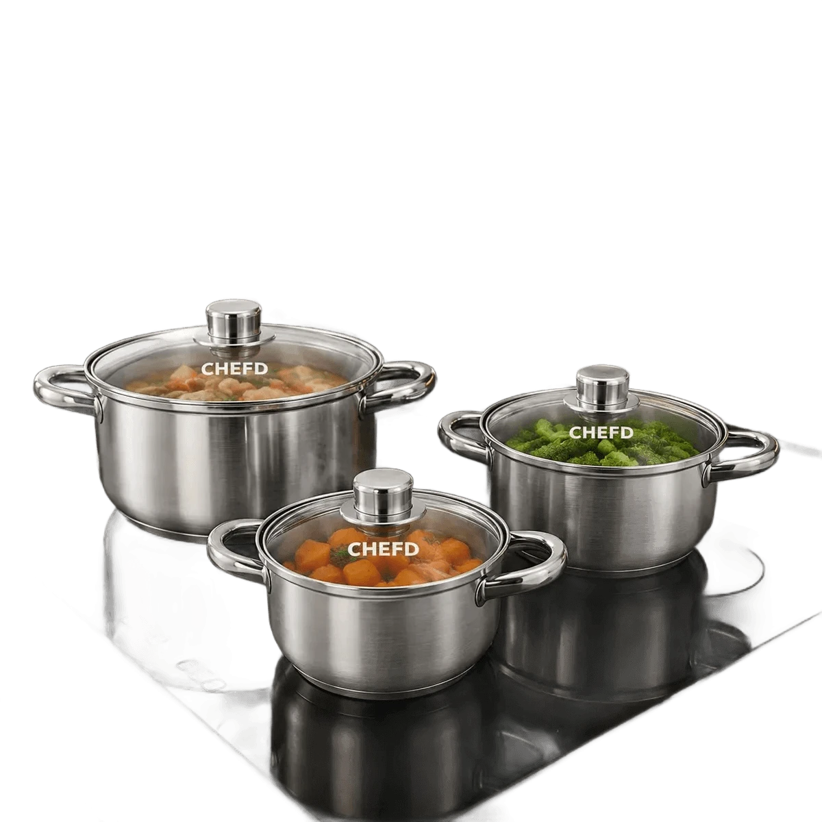 Jogo de Panelas Chef D Aço Inox 6 Peças 3 Caçarolas 3 Tampas de Vidro Fundo Triplo Fogão Indução Gás Elétrico Saudável Sem BPA Atóxico