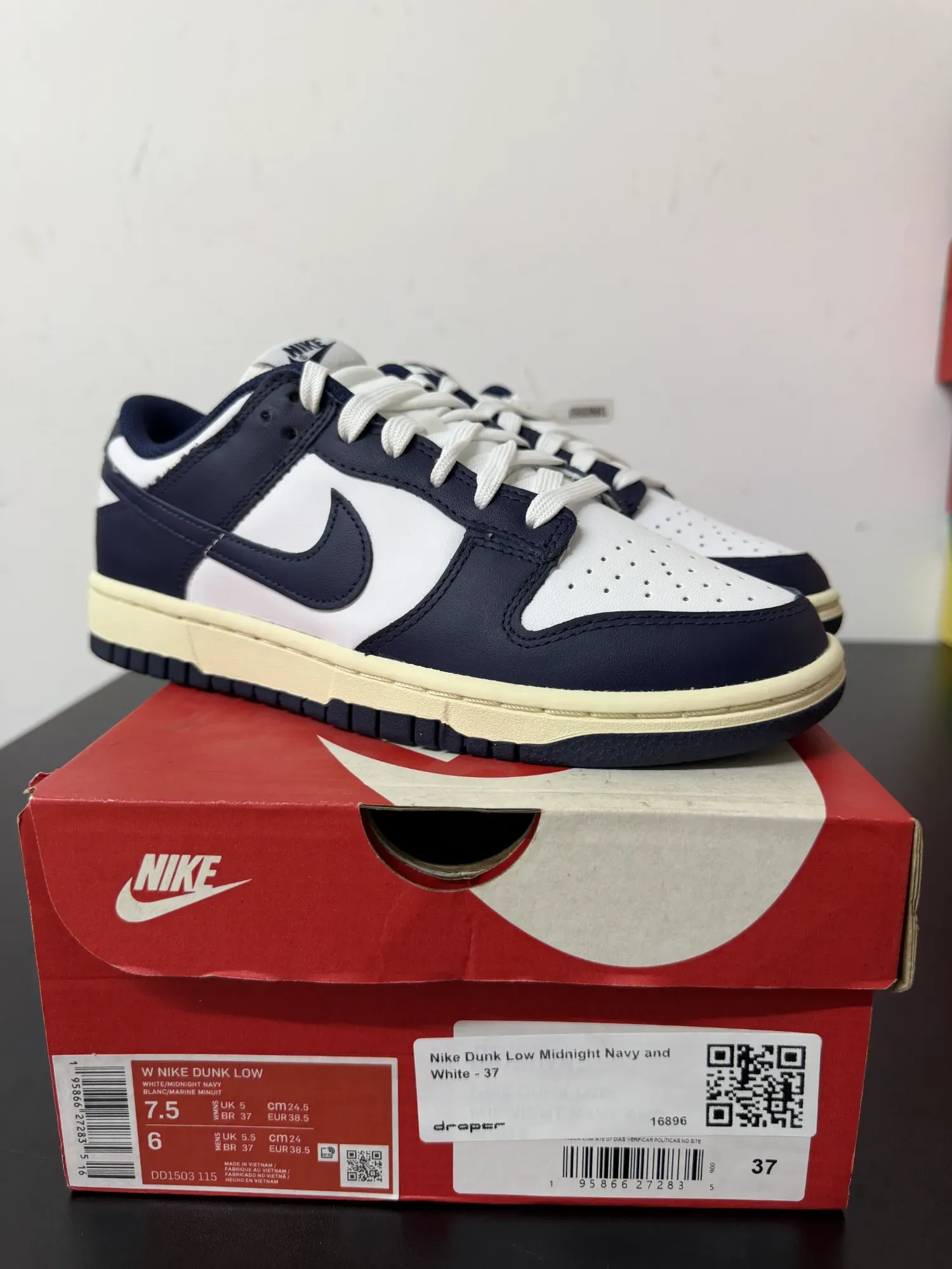 Nike Dunk Low Midnight Navy and White — 37, Novo