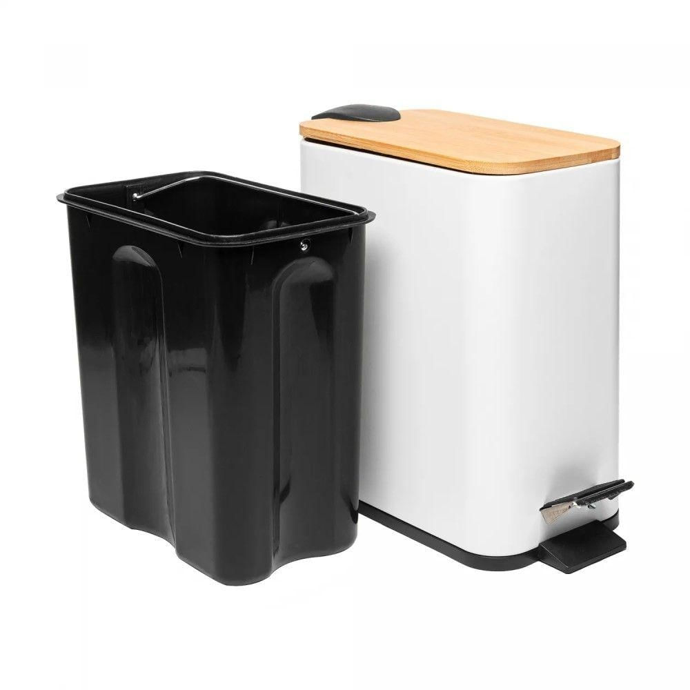 Foto 4 de Lixeira Retangular 5L Metal com Pedal Tampa em Bambu Branca Lyor