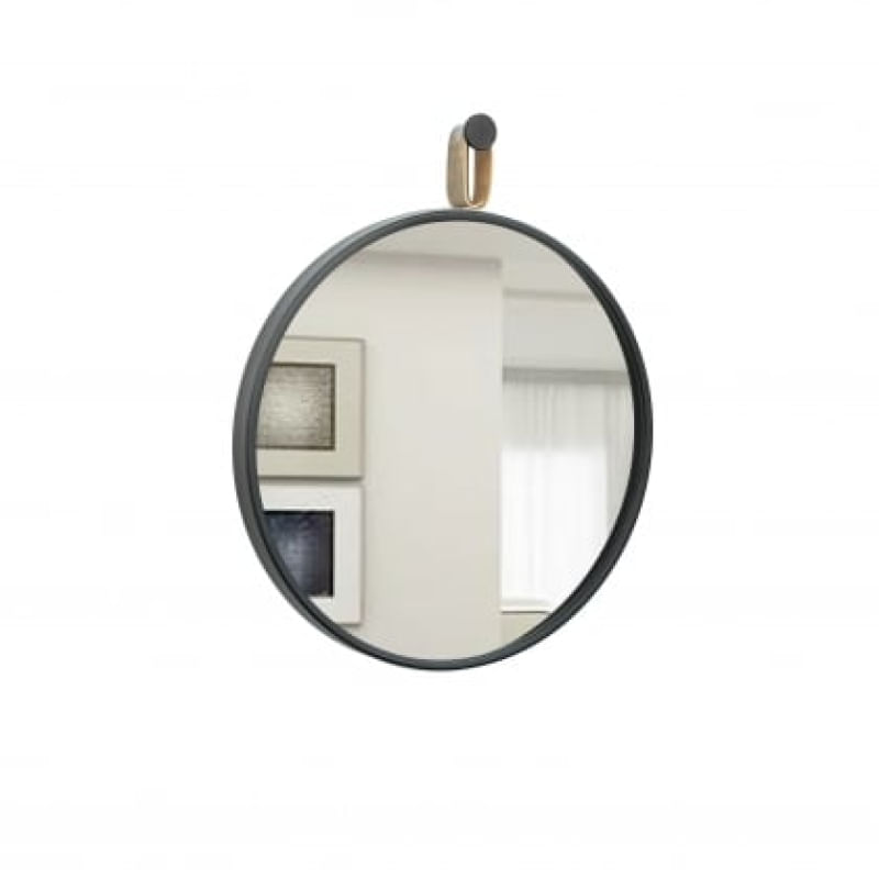 Espelho Decorativo Short Strip Preto Alça Corino 40cm Redondo Alça Corino Rajada