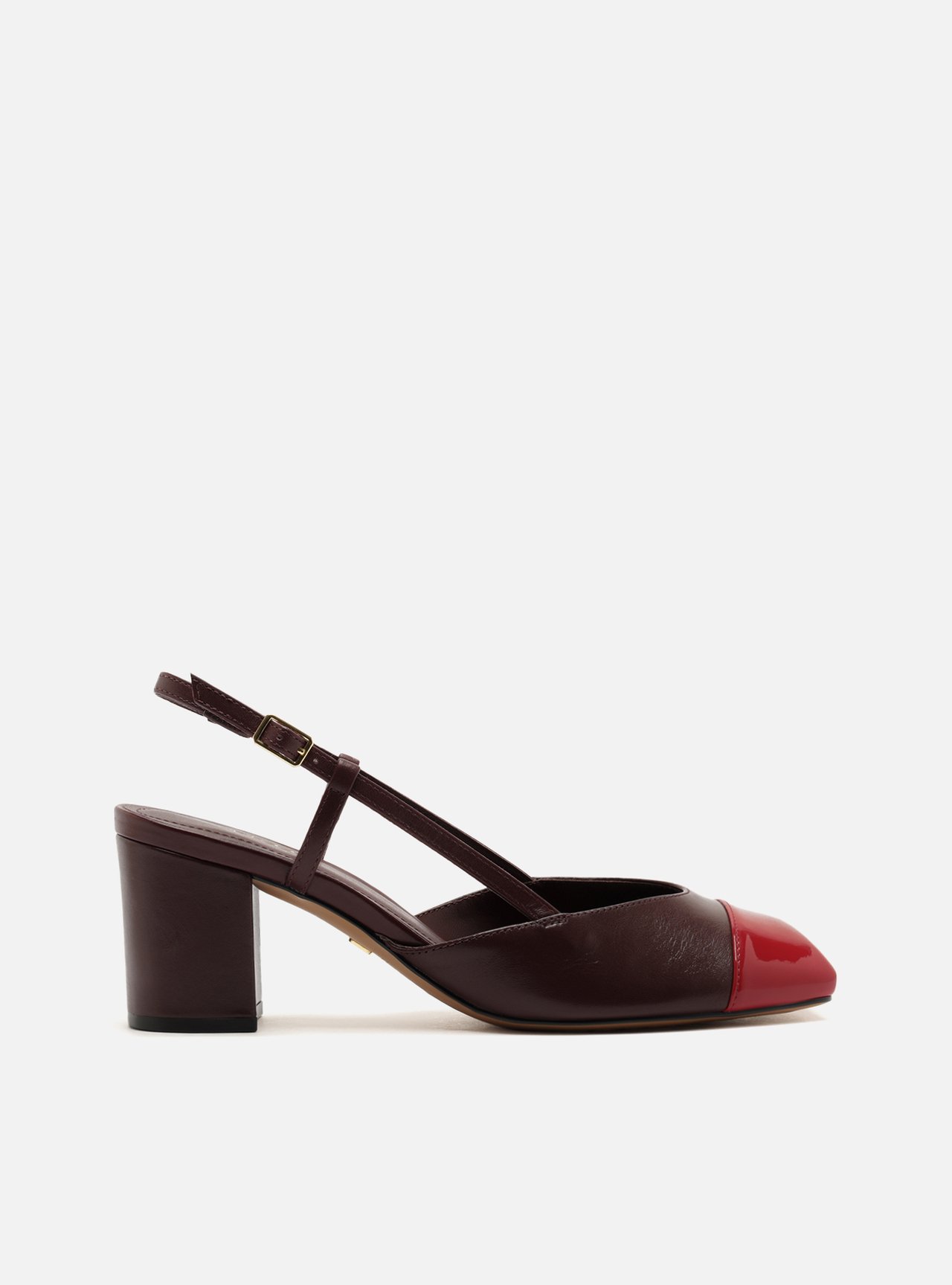 Scarpin Margot Marrom Verniz Salto Bloco Slingback