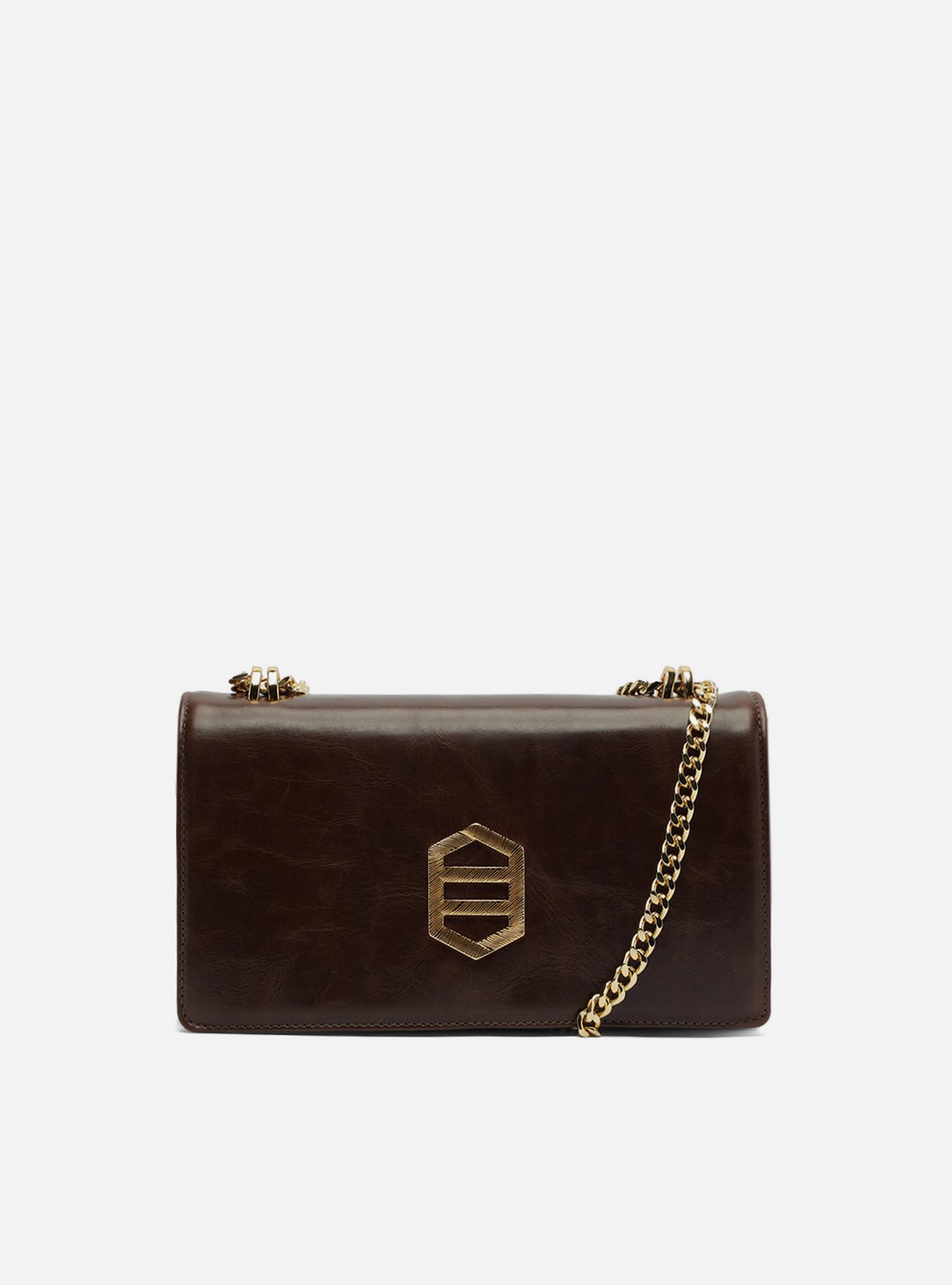 Bolsa Tiracolo Marrom Couro Média Metal Dourado