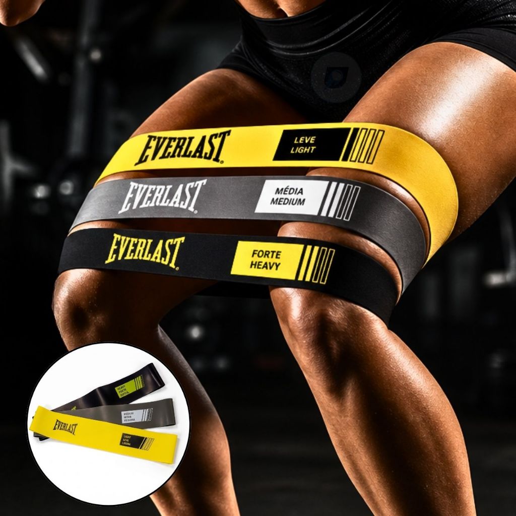 Kit Mini band Everlast Para Treino Pilates Exercícios em Casa Resistente (Fraco, Médio e Forte)