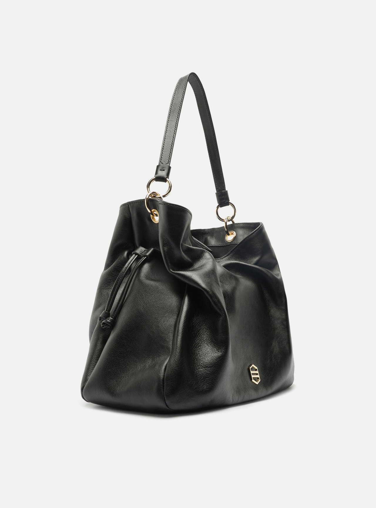 Foto 5 de Bolsa Hobo Preta Couro Grande Franzida