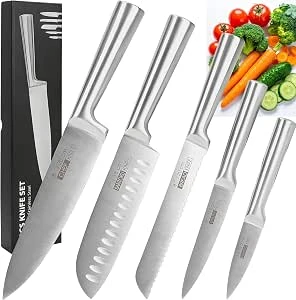 Jogo De 5 Facas Inox 4cr13 | Conjunto De Facas De Cozinha Profissional Aço Inoxidável | Design Ergonômico E Resistente À Ferrugem, Ultra Afiadas E Precisão Suíça, Lâminas Inteiriça