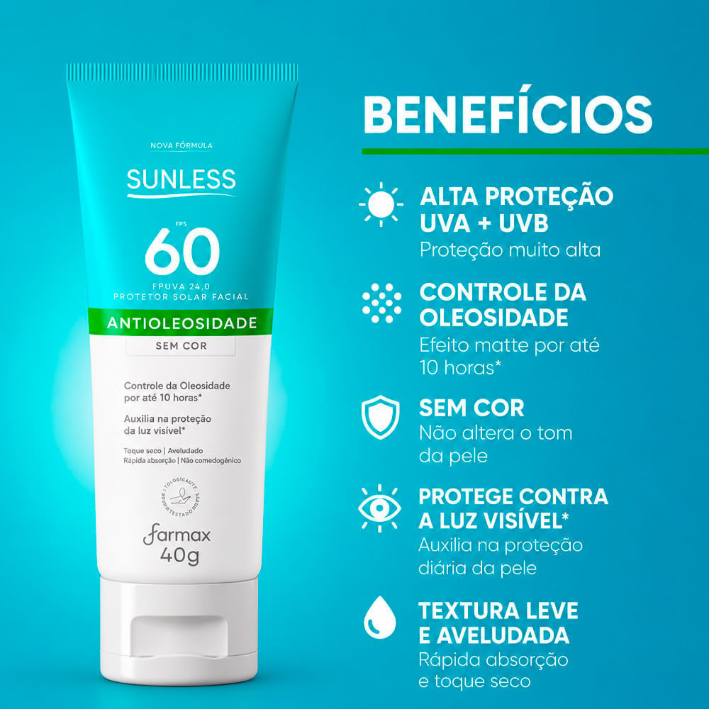 Foto 2 de Protetor Solar Facial Sunless FPS 60 Sem Cor 40g