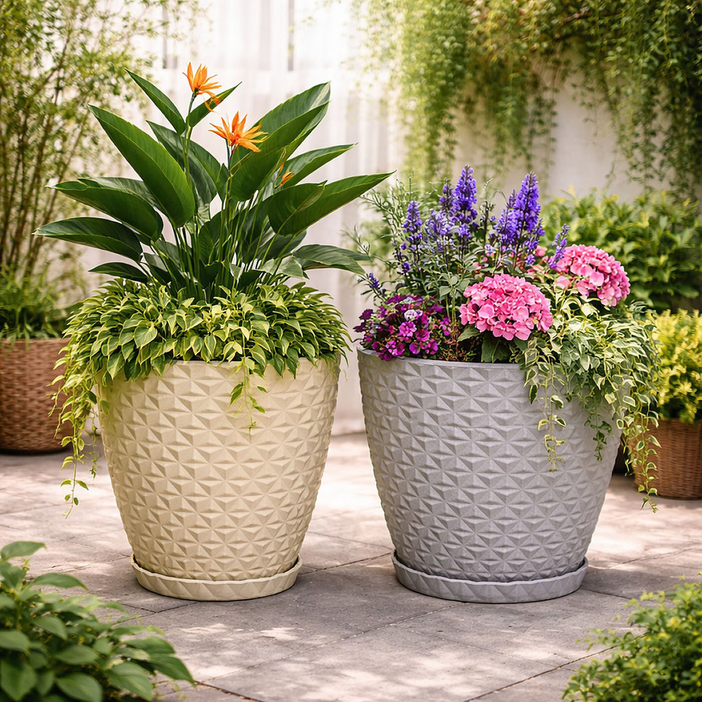 Vaso para planta decorativo em polietileno redondo estilo diamante PP com Prato