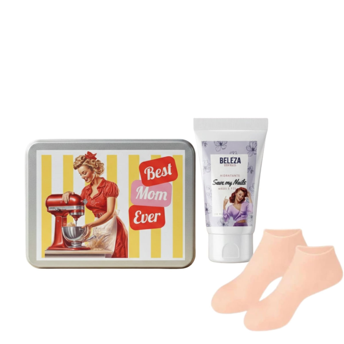 Kit presente pés c/ meias silicone e creme hidratante mães