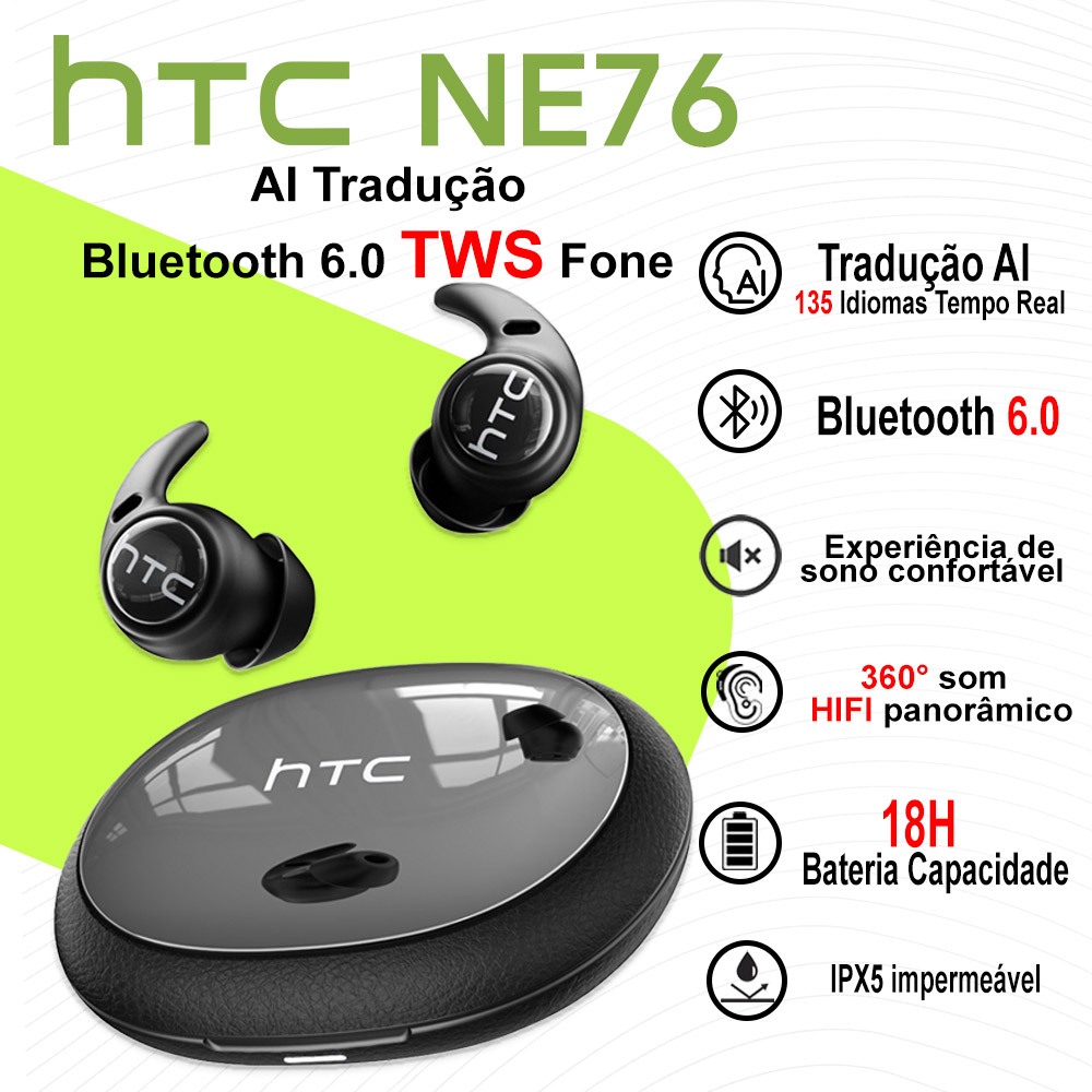 HTC NE76 AI Tradução Fone De Ouvido Bluetooth 6.0 Sem Fio Para Dormir TWS Som Surround 360° Com Microfone