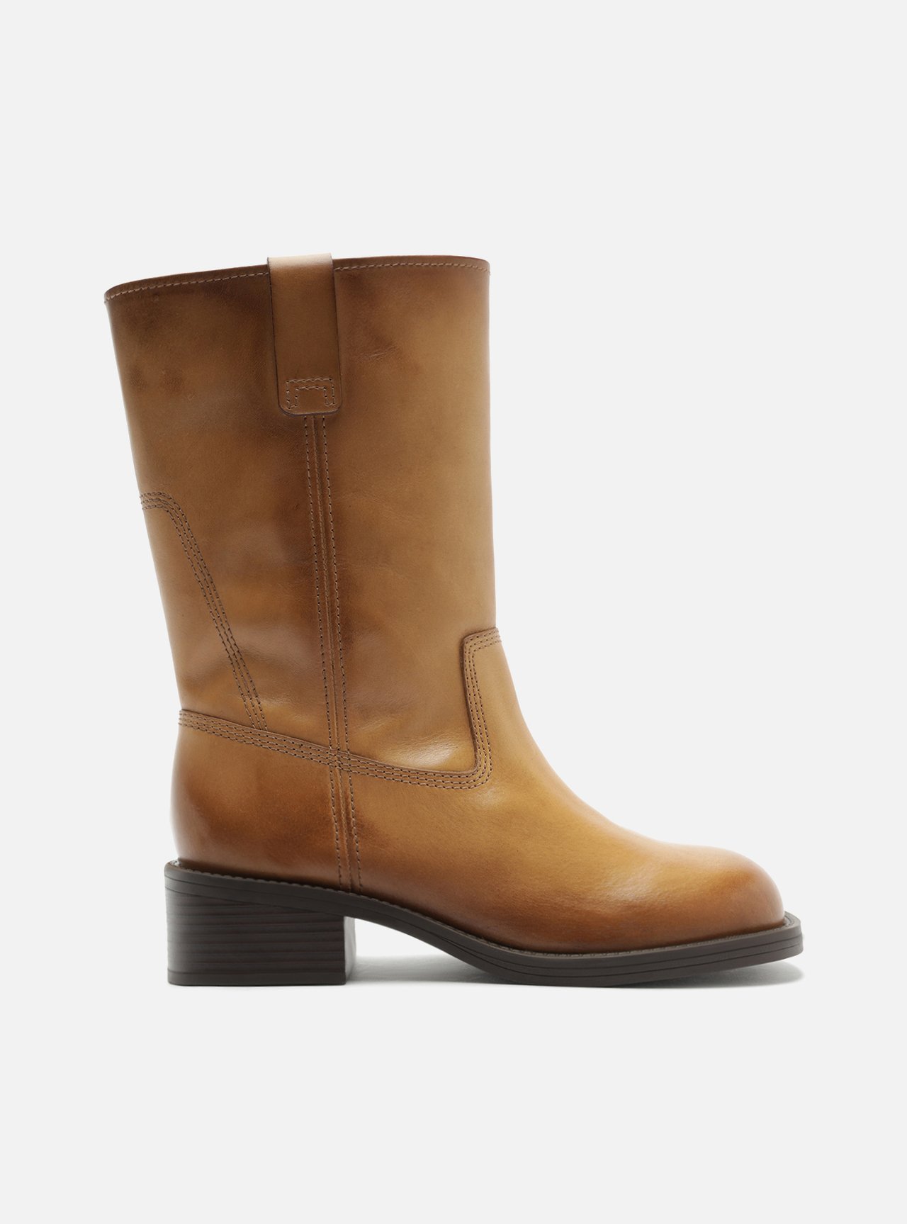 Bota Marrom Couro Cano Longo Salto Bloco