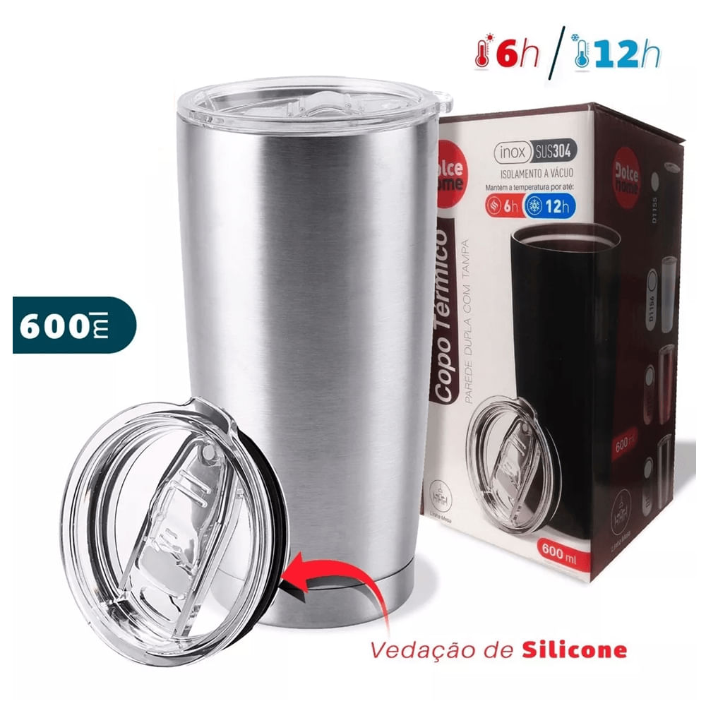 Foto 4 de Copo Térmico Parede Dupla Com Tampa Prata 600Ml - Dolce Home