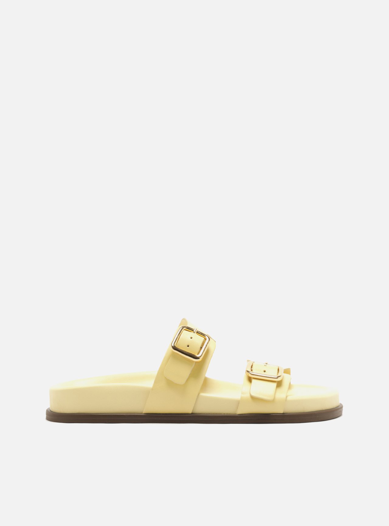 Sandália Papete Amarela Couro Flatform Fivelas Douradas