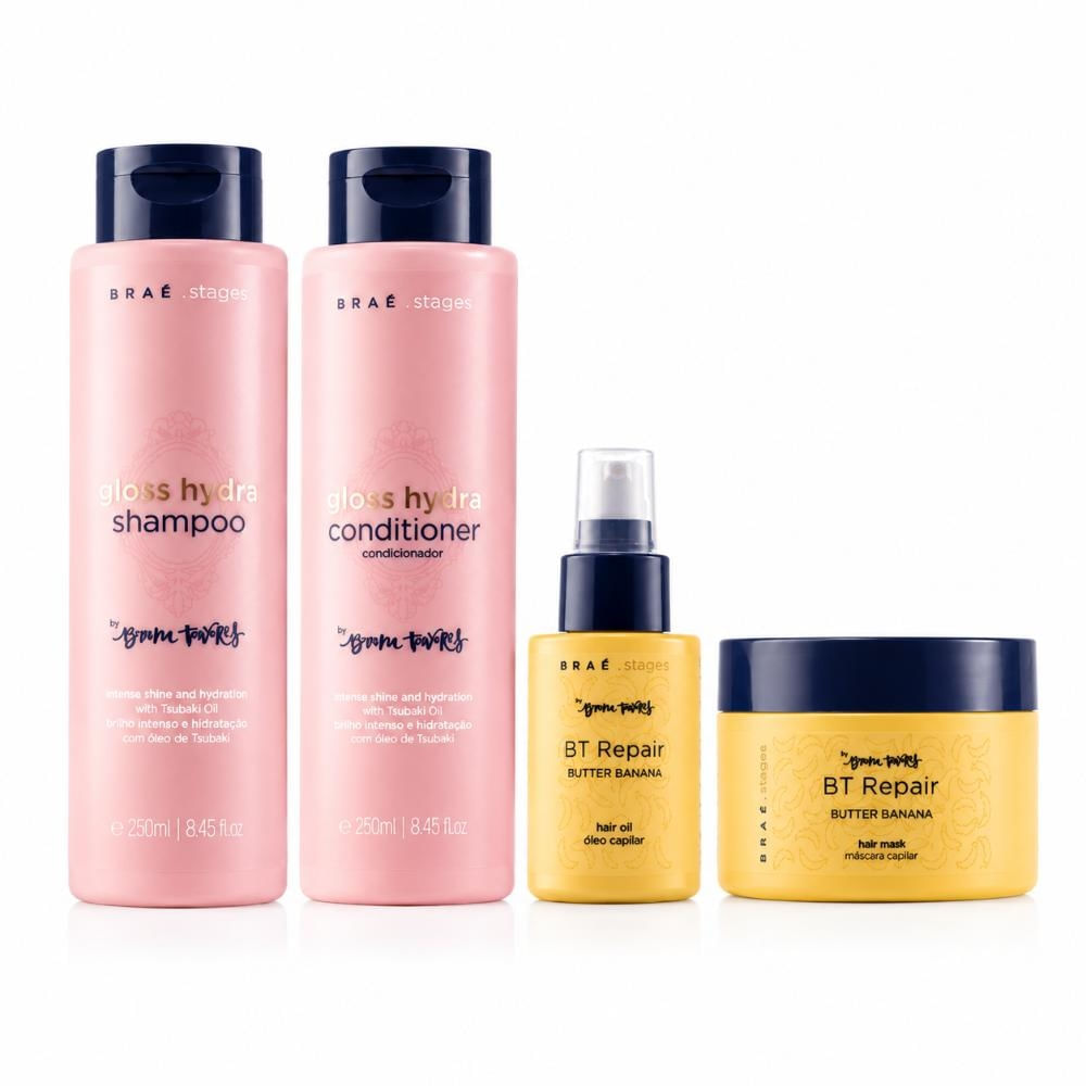 Kit Shampoo e Condicionador Braé Stages By Bruna Tavares Gloss Hydra 250ml + — Kit Shampoo e Condicionador Braé Stages By Bruna Tavares Gloss Hydra 250ml + Óleo 60ml e Máscara Con
