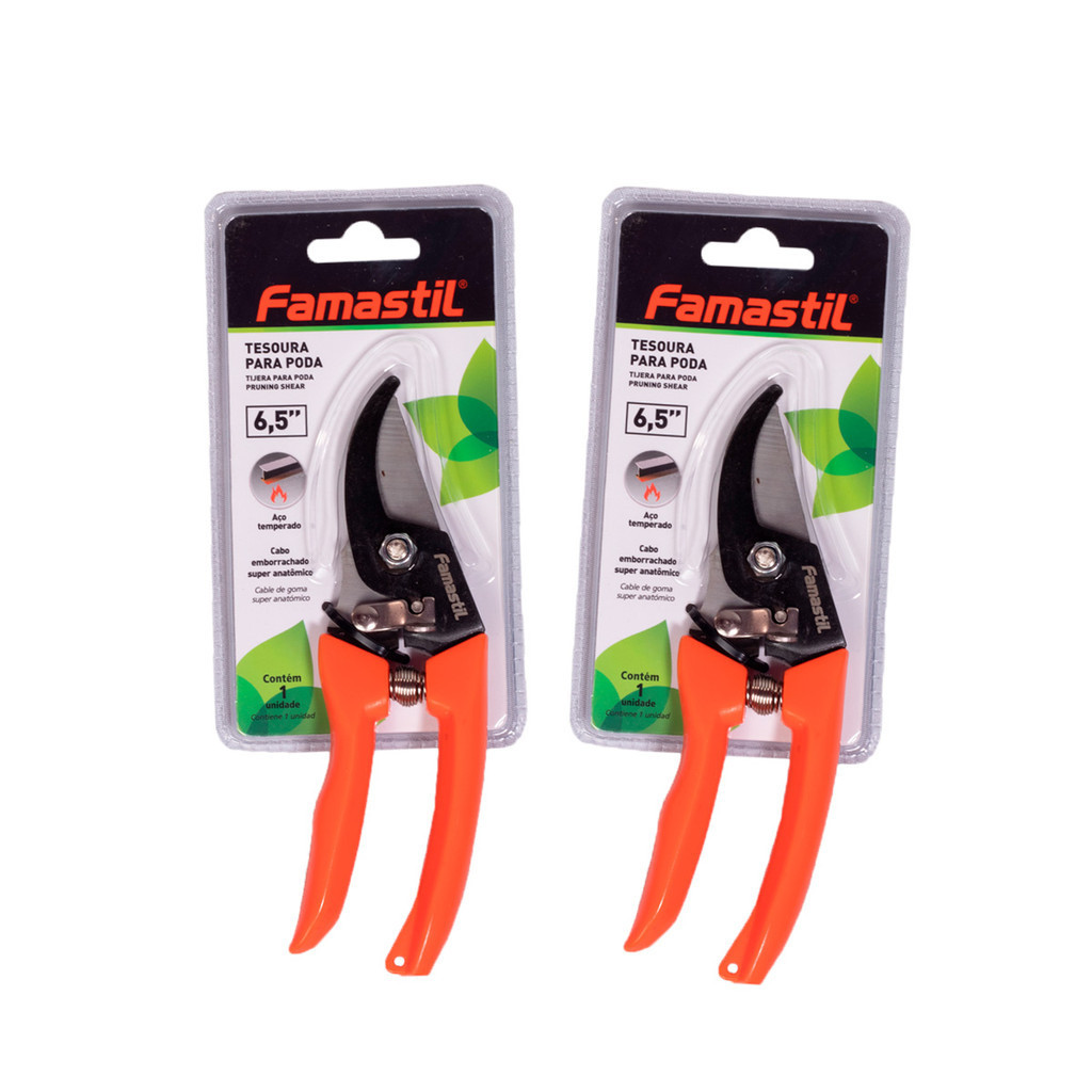 Tesoura para Poda Famastil 6,5” Aço Carbono Corte Preciso, Cabo Ergonômico Kit com 2